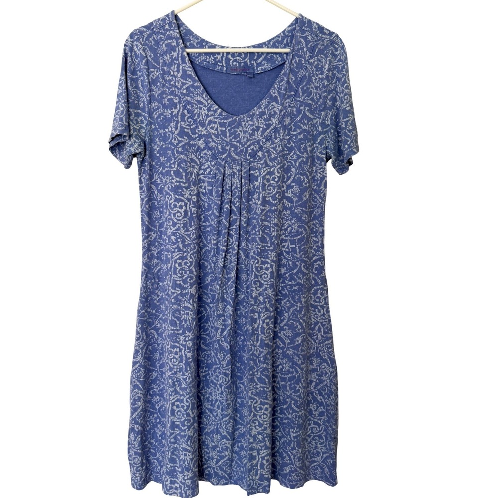 Fresh Produce Blue White Scroll Print V-Neck Short Sleeve Pocket Dress Small USA